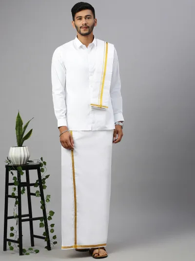 Men White Shirt with inch Gold Jari Border Single Layer Dhoti & Towel Combo